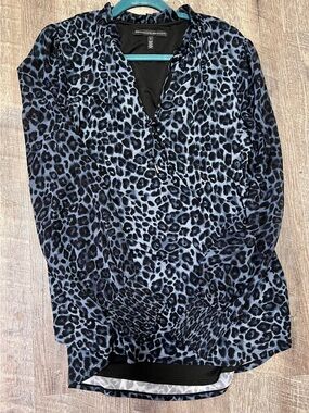 White House Black Market Blue and Black Leopard Print Blouse